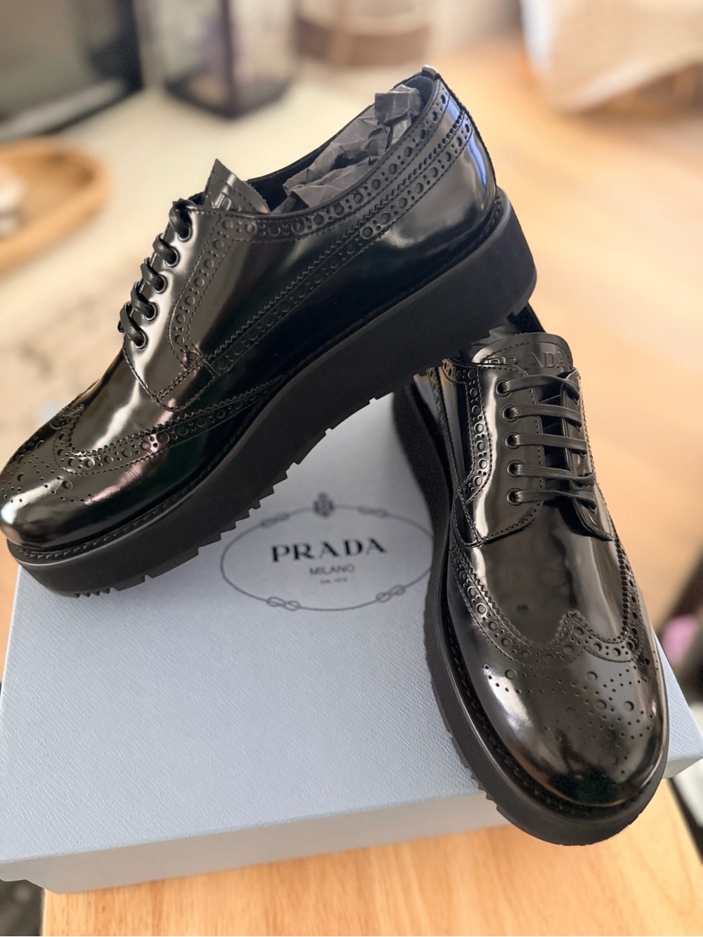 Prada Black Patent Leather Brogue Platform Oxfers